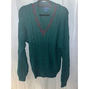 Cambridge Classics Mens Green Cable Knit V-Neck Sweater Medium Cotton